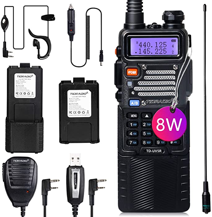 TIDRADIO UV-5R High Power Ham Radio Handheld 144-148Mhz/420-450Mhz Two Way Radio with One More 3800mAh Battery Includes Full Kit Upgraded Baofeng UV-5R Radio Walkie Talkies