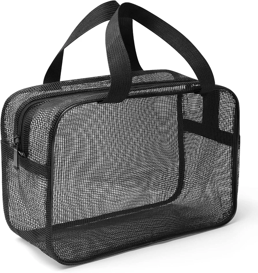 Mesh Shower Caddy Mash Shower Bag Black Portable Mesh Accessories Organizer Tote for Gym College Dorm Room (Black-Large)