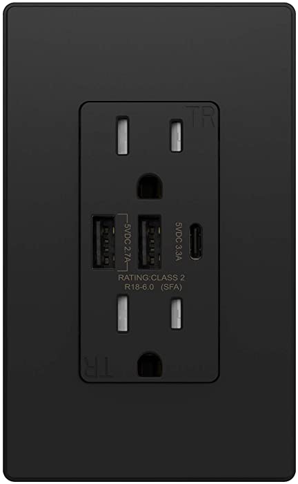 ELEGRP 30W 6.0 Amp 3-Port Type C USB Wall Outlet, Smart Chip High Speed Charging for iPhone, iPad, Samsung, Google, LG, HTC, Android Devices, Tablets and More, UL Listed, w/Wall Plate, 1 Pack, Black