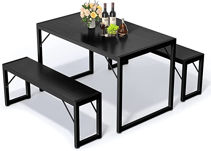 Bealife Dining Table Set for 4, Modern Kitchen Table Set with 2 Benches, 45.5in 3-Piece Soho Dining Room Table Set with Metal Frame and MDF Board, Sturdy Structure, Space-Saving Furniture (Black)