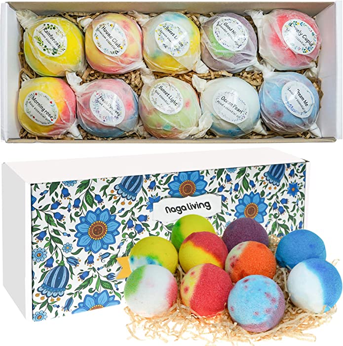 Nagaliving Bath Bombs Gift Set, 10 Organic Bubble Bath Bombs, Wonderful Fizz Effect Bath Gift for Valentine’s Day, Christmas