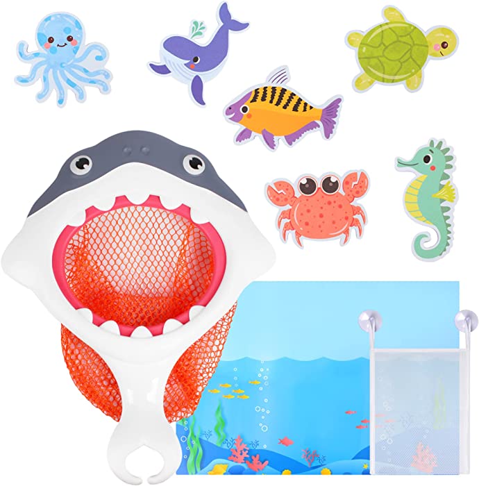 Bath Toys for Boys and Girls –Marine Animals Shark Net Fun Foam Animals with Bath Toy Storage Bag with Ultra Strong Sucker