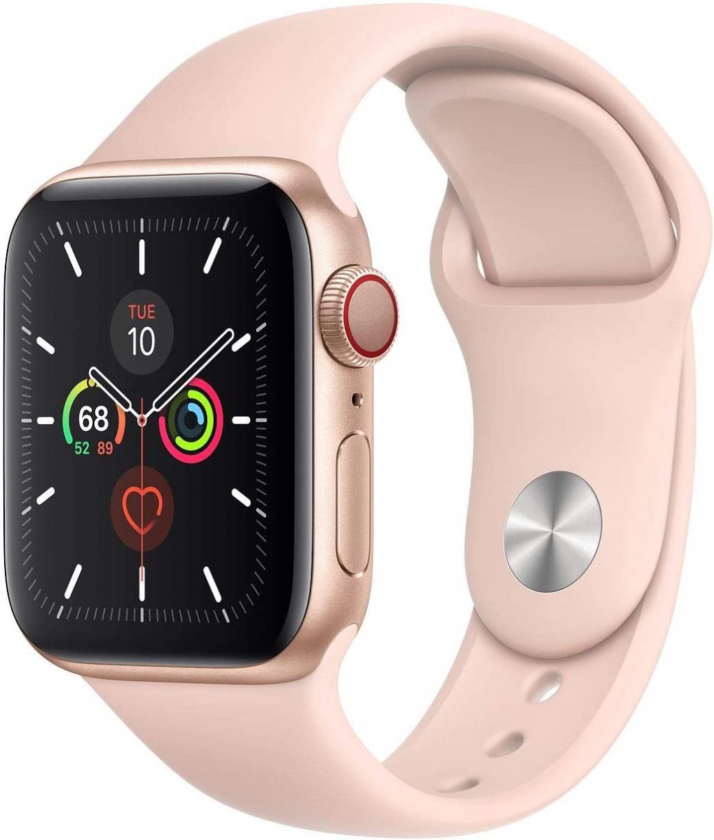 Apple Watch Series 5 (GPS + Cellular, 40mm) - Gold Stainless Steel Case with Pink Sport Band (Renewed)