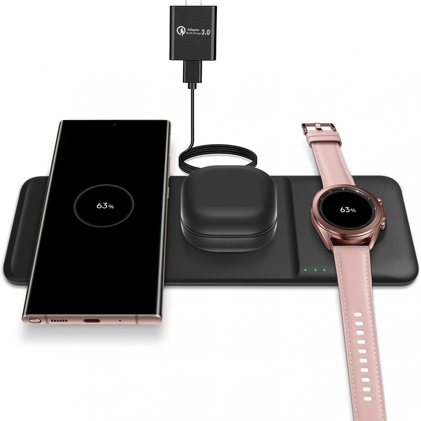 Emilydeals Wireless Charger for Samsung Galaxy Watch 3/Active 2/Active, Gear S3/Sport, Galaxy Buds Plus/Pro/Live, Galaxy S21/S20/S10/Note20/Note10 3 Charging Station 3 in 1