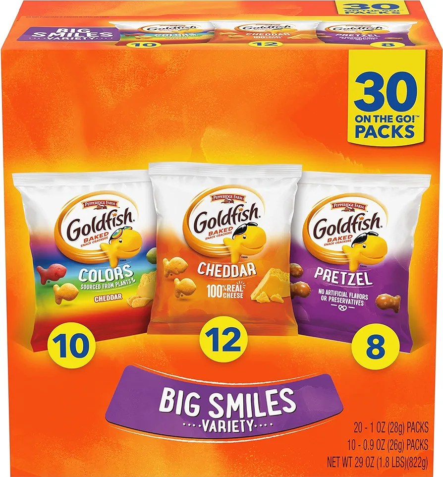 Goldfish Crackers Big Smiles Variety Pack with Cheddar, Colors, and Pretzels, Snack Packs, 30 Ct