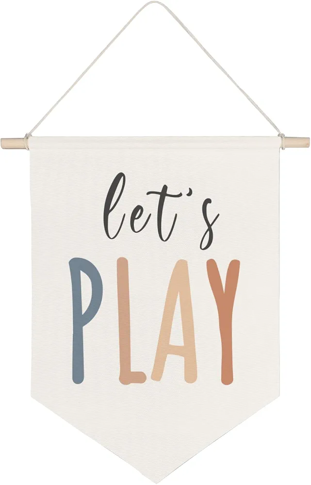 Children's Playroom Wall Decor,Let's Play Sign,Bohemia Classroom Decor,Wall Hanging Pennant Flag Canvas Banner for Kids Bedroom Baby Gril Boy Nursery Teen Room