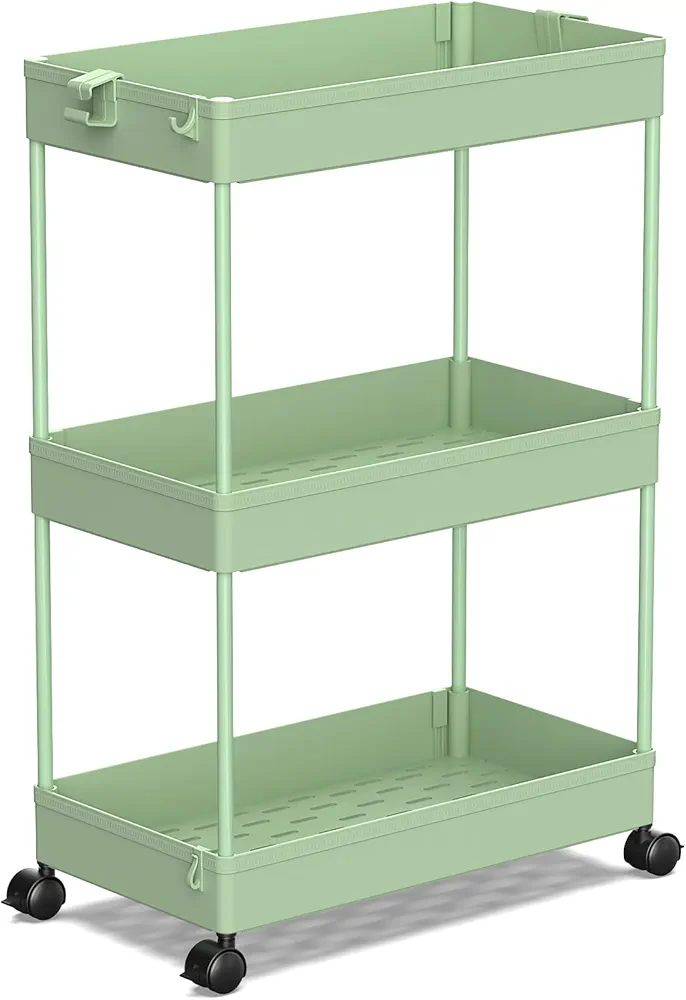 SPACEKEEPER Rolling Storage Cart 3 Tier, Bathroom Cart Organizer Laundry Room Organizer Utility Cart Mobile Shelving Unit Multi-Functional Shelves for Office, Kitchen, Bathroom, Green