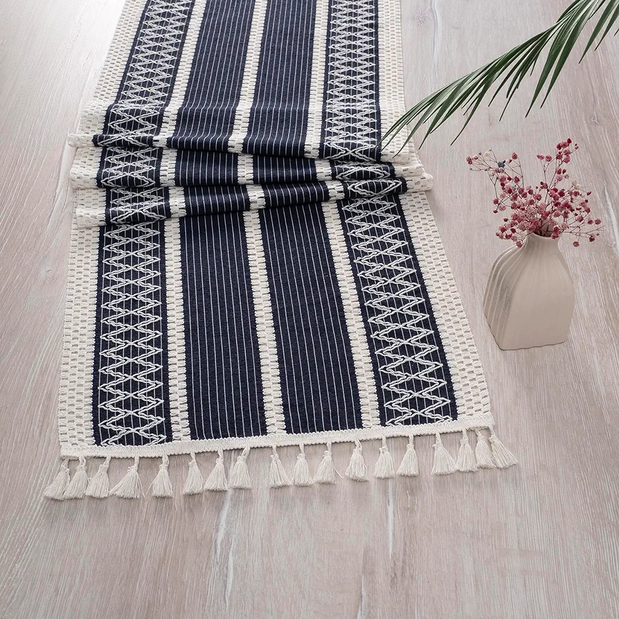 Boho Table Runner for Spring Home Decor (14x72) Inches Long Farmhouse Rustic Table Runner, Macrame Table Runner with Tassels for Dining Living Room Bedroom Bridal Shower (Cream & Navy Blue) 72"