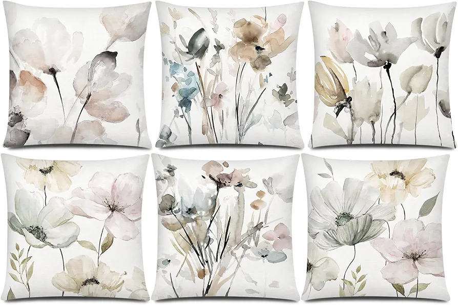 Brown White Grey Pillow Covers 18x18 Set of 6 Flower Throw Pillow Cover for Couch Modern Decorative Watercolor Floral Cushion Cover for Sofa Bedroom Living Room Farmhouse Home Decor