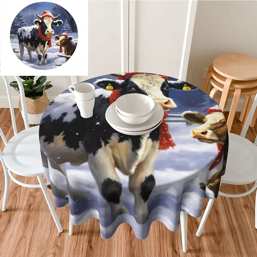 Christmas Snow Cow Print Round Tablecloth 60 Inch Resistant Dining Table Cloth Soft Washable Table Cover Decorative Cover Tabletop for Wedding Birthday Party Dining Room Kitchen Decor