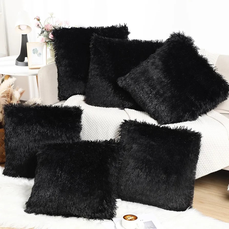 6 Pcs Faux Fur Throw Pillow Covers Fluffy Couch Cushion 18 x 18 Inch Square Pillow Luxury Decorative Soft Pillowcase Zipper Closure for Sofa Couch Sleepover Party Bedroom Living Room(Black)