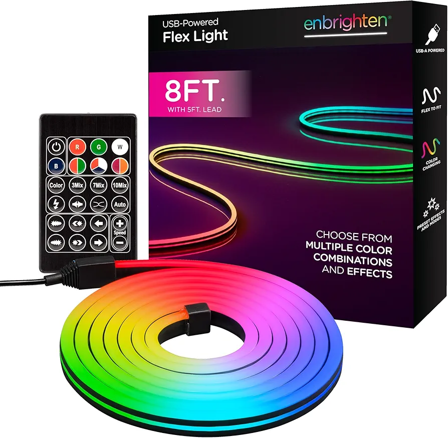 Enbrighten USB-A Color Changing LED Flex Lights, 8ft, Indoor/Outdoor Flexible Light Strip, Color Changing LED Strip Lights, Customizable Color, RF Remote Control, Gaming Station, Holiday Lights, 70900