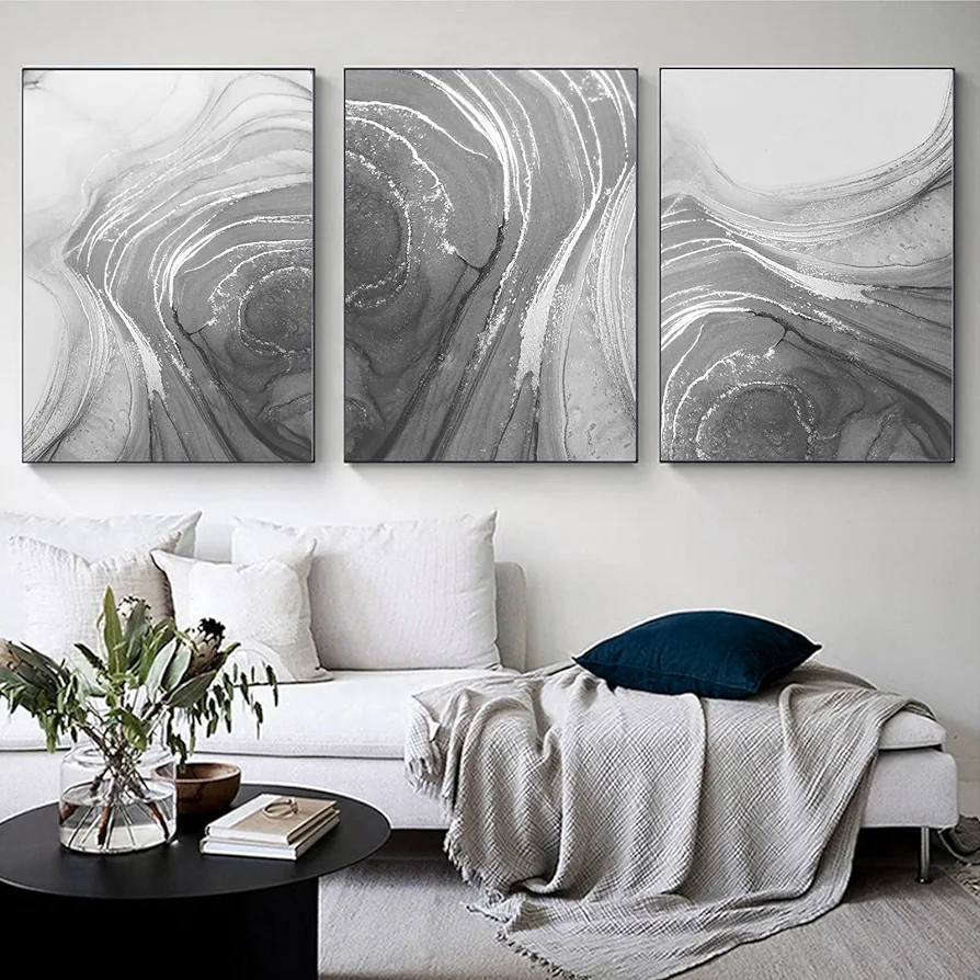 Grey Marble Canvas Wall Art Grey and White Abstract Prints Grey Abstract Picture White and Grey Marble Wall Art White Textured Modern Minimalist Painting for Living Room Decor 16x24inchx3PCS No Frame