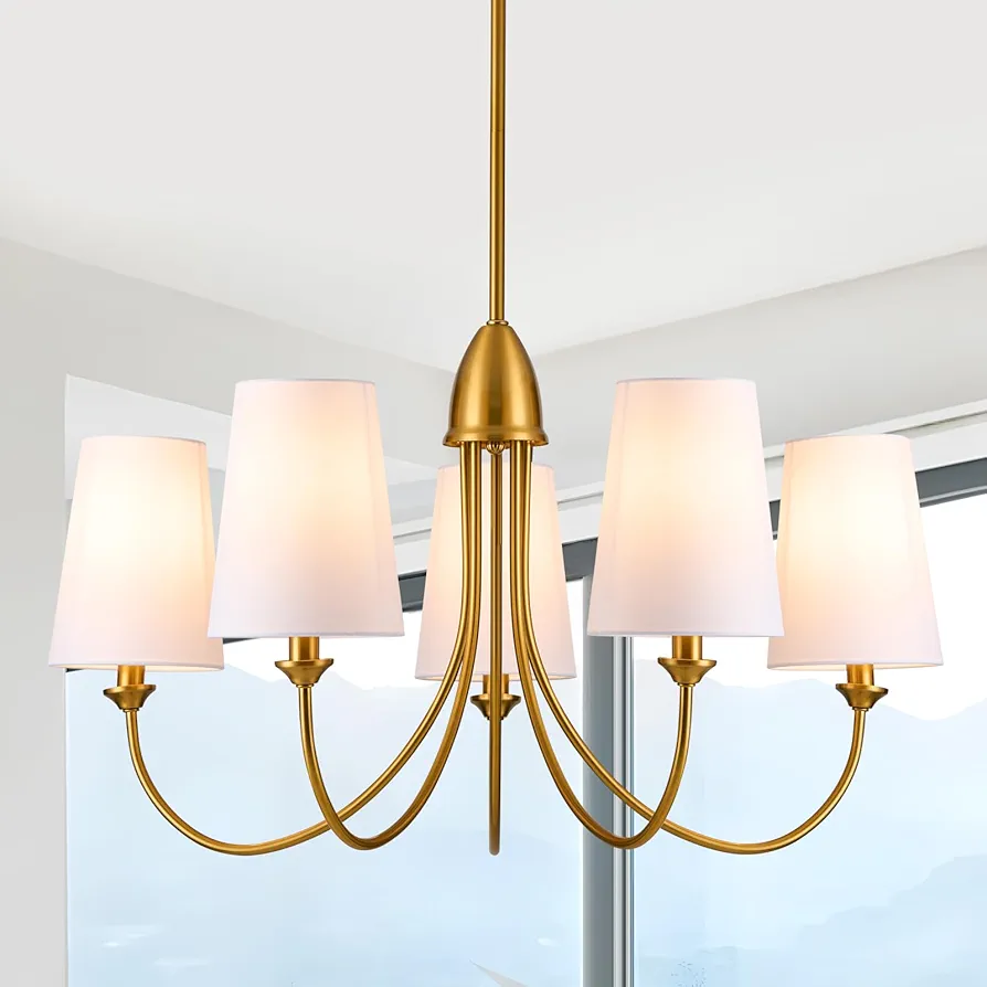 Gold Chandelier Light Fixture,5-Light Farmhouse Chandeliers for Dining Room with White Fabric Shade,30''Metal Modern Industrial lighting fixtures for Kitchen,Living Room, Bedroom, Foyer,Entryway