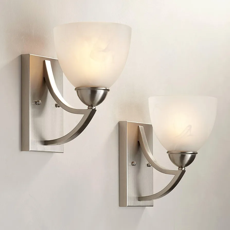 Possini Euro Design Milbury Modern Wall Light Sconces Set of 2 Satin Nickel Silver Metal Hardwired 6" Fixture White Marbleized Glass Shade for Bedroom Bathroom Vanity Living Room Home Hallway House