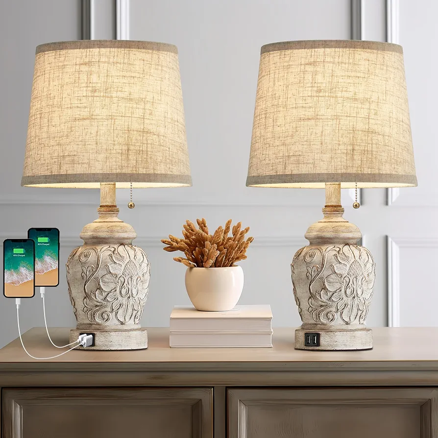 19.5" Vintage Rustic Table Lamp Set of 2 Farmhouse Table Lamps for Living Room Bedroom Decor with USB Ports Traditional Carved Floral White Bedside Night Light Lamps with Pull Chain Switch