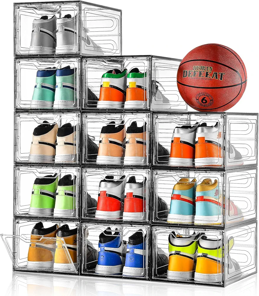 12 Pack Shoe Boxes Shoes Organizer, Shoe Storage Organizer Boxes with Magnetic Door, Clear Shoe Organizers Sneaker Storage Shoe Box for Women/Men, Fit up to US Size 12