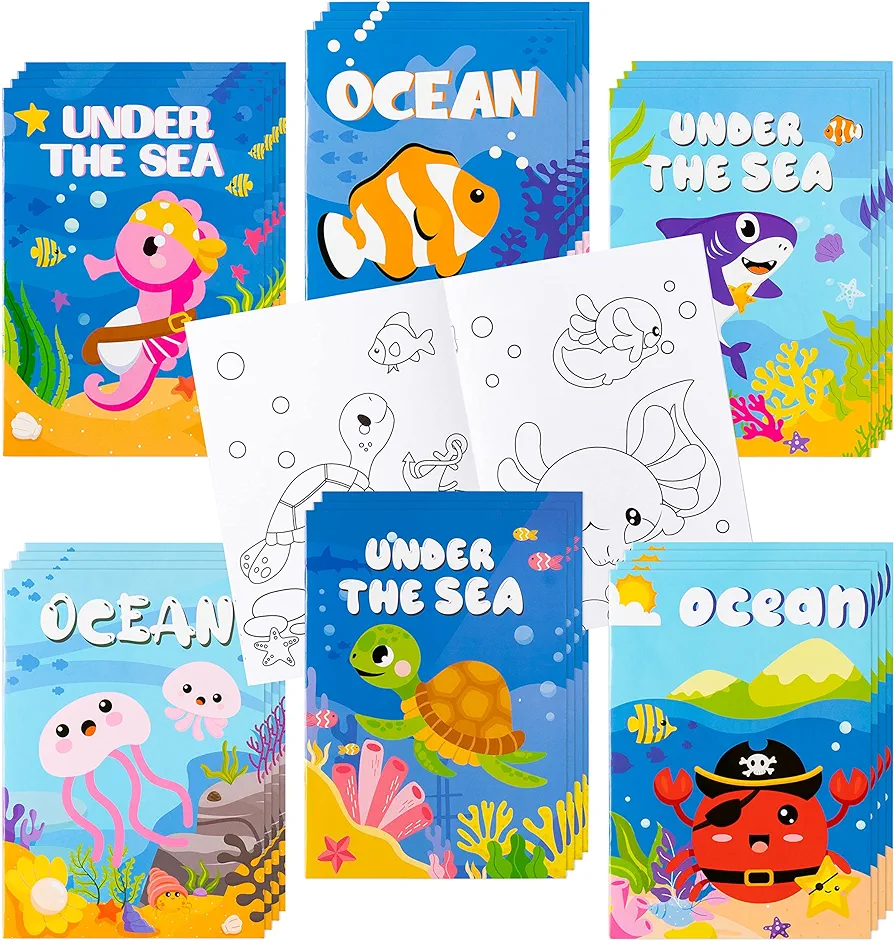 ANGOLIO 24Pcs Ocean Animals Coloring Books Bulk for Kids Mini DIY Art Drawing Book Set for Shark Seahorse Jellyfish Under The Sea Animal Theme Kindergarten School Classroom Rewards Goodie Bag Filler