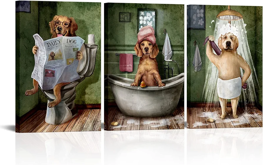 Artsbay Dog Wall Art Golden Retriever on Toliet Bathtub Take a Shower Relaxed & Leisurely Pictures Modern Animal Pet Art Wall Decoration for Kids Chlidren Office Bathroom Living Room 16"Wx24"H Inches