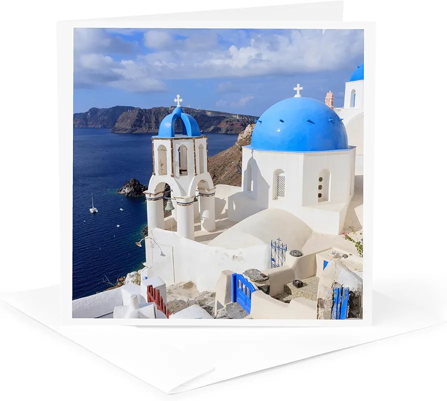 Greeting Card - Traditional Blue Roofed Churches and Homes, Santorini. Greece. - Cities