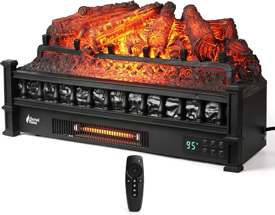 TURBRO Eternal Flame 26-Inch Infrared Quartz Electric Fireplace Log Heater, Realistic Pinewood Logs, Adjustable Flame Colors, Remote Control, Thermostat, Timer, EF26-PB, 1500W