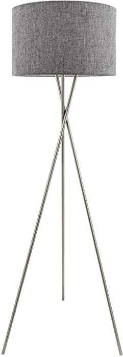 Kira Home Sadie 60" Mid Century Modern Tripod LED Floor Lamp + 9W Bulb (Energy Efficient/Eco-Friendly), Gray Drum Shade, Brushed Nickel Finish