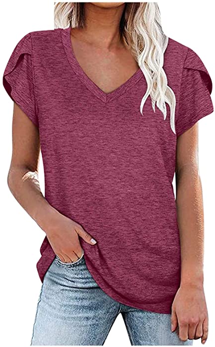 Smooto 2022 Women Summer Blouses Casual V-Neck Short Sleeve T-Shirt Oversized Blouse Women Basic Tee Tops