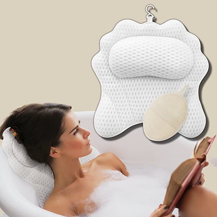 Bathtub Bath Pillow With Head Back Shoulder Neck Support, 4D Air Mesh Bath Accessories, 6 Suction Cups, Machine Washable Bag, Portable Pillows Fit Home Spa Jet Hot Tub Jacuzzi, Bathroom Gift Women Men