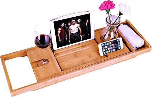 BOSSJOY Luxury Wood Bamboo Bathtub Bath Tub Caddy Tray with Extending Sides Built in Book Tablet Phone Wineglass Holder