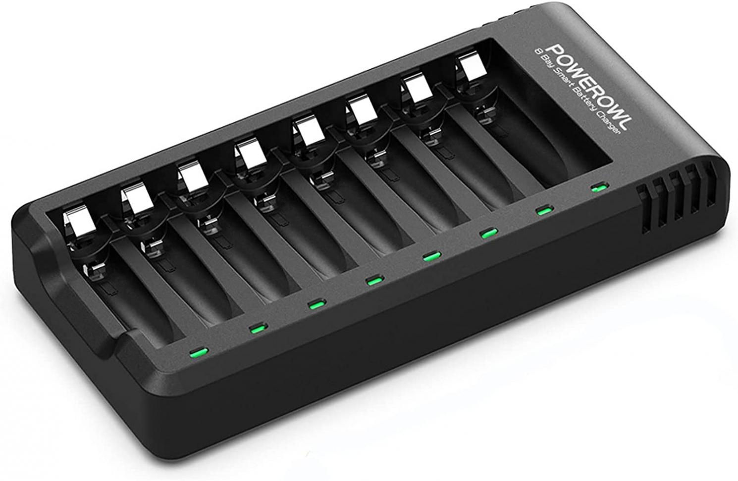 POWEROWL 8 Bay AA AAA Battery Charger, USB High-Speed Charging, Independent Slot, for Ni-MH Ni-CD Rechargeable Batteries, No Adapter