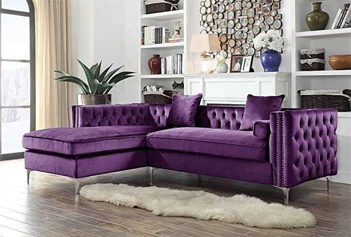 Iconic Home Da Vinci Velvet Modern Contemporary Button Tufted with Silver Nailhead Trim Silvertone Metal Y-Leg Left Facing Sectional Sofa, Purple