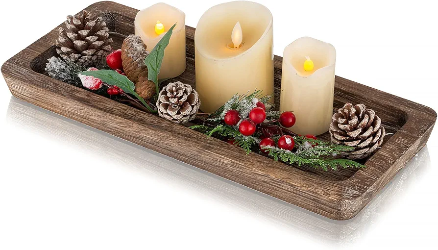 Romadedi Wooden Decorative Tray Candle Holder - Wood Long Narrow Tray Home Decor Small Rustic Centerpieces Trays for Coffee Table Dining Room Kitchen