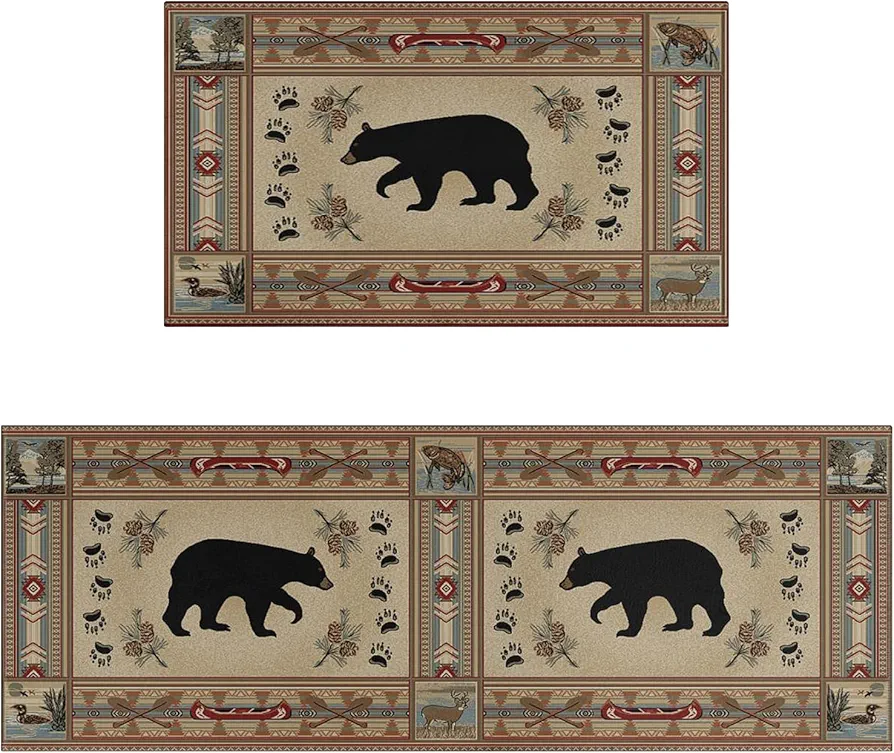 Farmhouse Kitchen Rugs and Mats Set of 2 Rustic Lodge Bear Kitchen Rugs Non Slip Super Absorbent Kitchen Mat for Sink Waterproof Runner Rug for Laundry room 17"x 48"+17x30