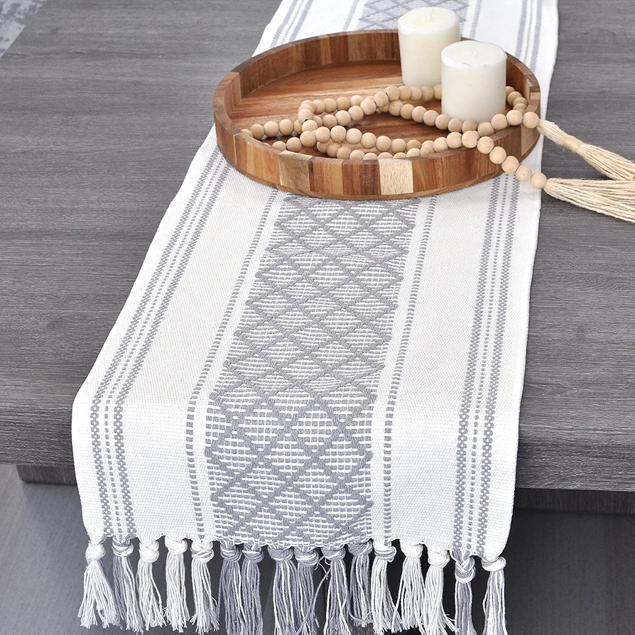 Boho Small Coffee or Dining Table Runner with Tassels 14 x 48 Inches, Gray & Cream White | Woven Washable Dresser Scarf for Bedroom | Farmhouse Table Topper Centerpiece Decorations Grey