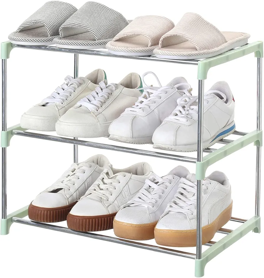 Stackable Small Shoe Rack, Entryway, Hallway and Closet Space Saving Storage and Organization (3-Tier, Green)