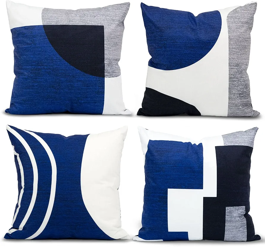 Set of 4 Blue Throw Pillows for Couch Navy Blue Black Gray White Silver Boho Decorative Pillow Covers Abstract Geometric Modern Pillowcases 18x18 inches for Bed Bedroom.