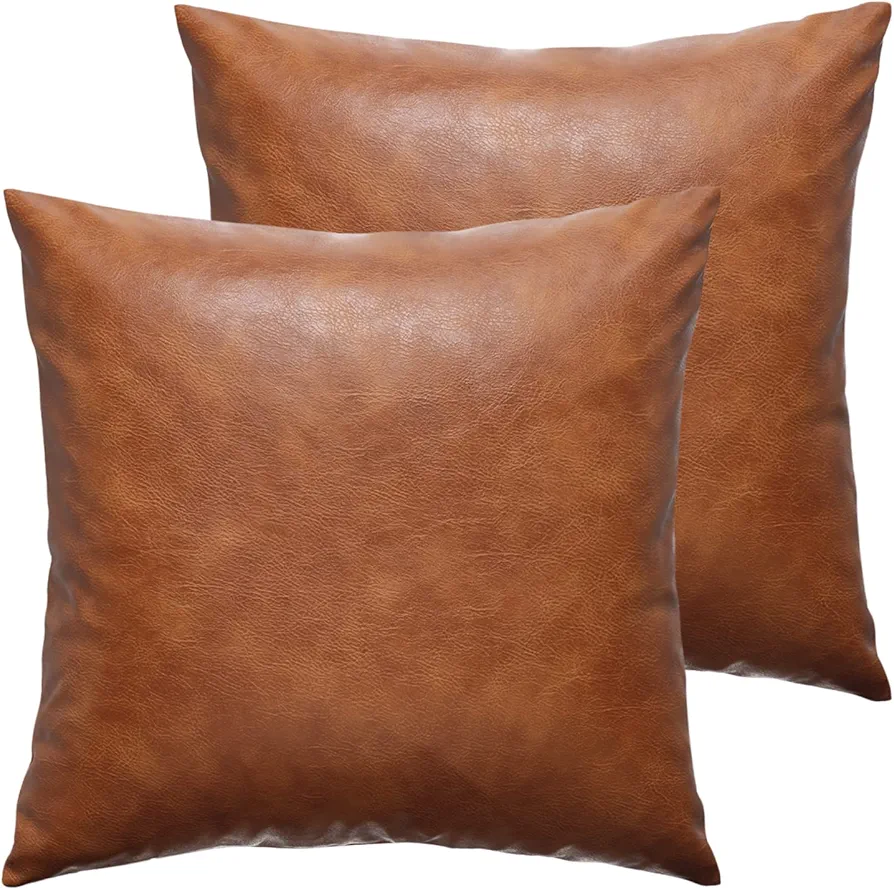 Faux Leather Throw Pillow Covers, 22x22 Inch Set of 2 Brown Cognac Solid Boho Modern Minimalist Square Decor Pillowcases for Outdoor Living Room Couch Bed Sofa Bedroom Cushion Covers