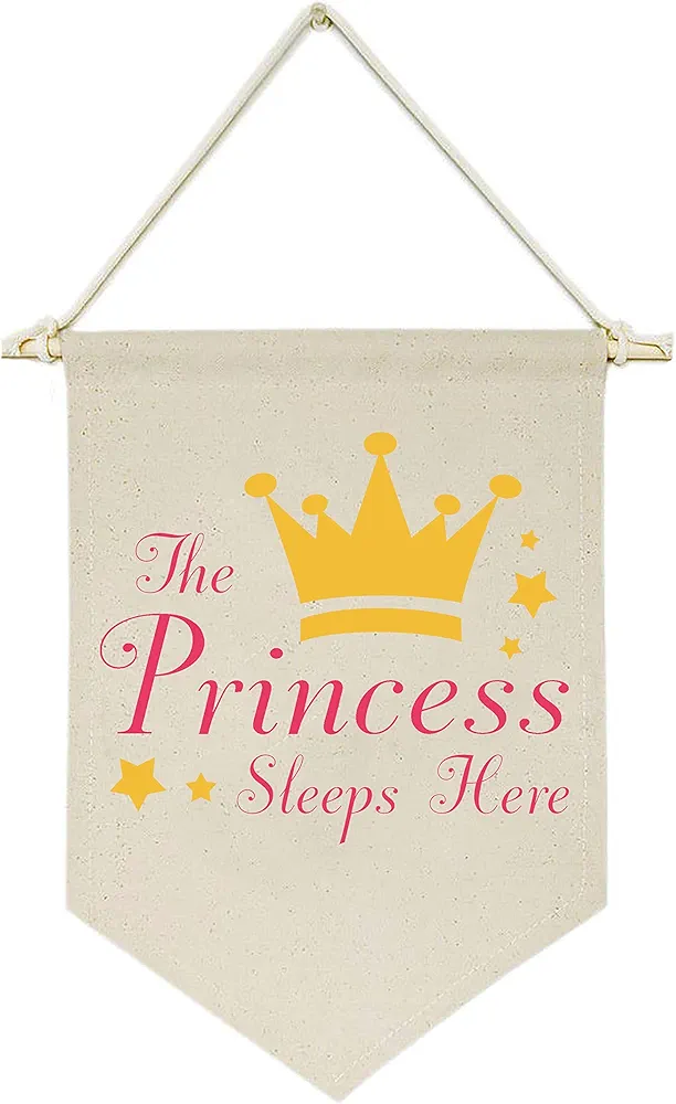 the Princess Sleeps Here -Canvas Hanging Flag Banner Wall Sign Decor Gift for Baby Kids Girl Nursery Teen Room Front Door - Crown,Stars