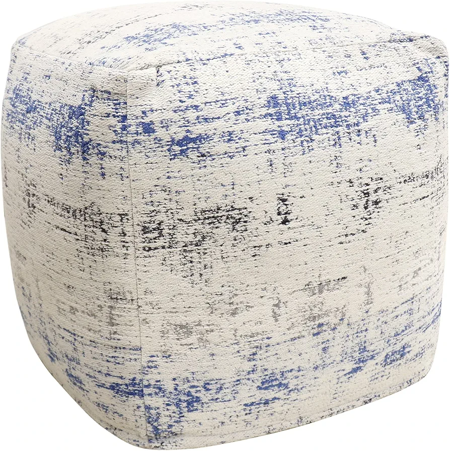 Pasargad Home Grandcanyon Distressed Cotton Pouf, Jacquard Woven Pouf- Polly Beads Stuffed Pouf- Sitting, Foot Stool - Square Poufs for Living Room - Luxury Room Decor, 20"x20"x20", Ivory/Blue