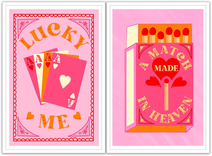 JCCSFF Vintage Pink Ace of Hearts Poker Posters Match made in heaven canvas wall art Set of 2 Lucky Me prints Trendy Minimalist Style Game Room Preppy Bedroom Dorm Room Decor 12x16in Unframed