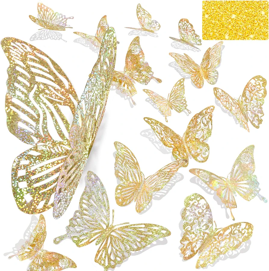 60 Pcs 3D Iridescent Gold Butterfly Decorations,Sequined Gold Room Decor with Set 5 Style Decorative Paper Butterfly for Party Birthday Baby Shower Decorations Wedding Decor DIY Gift( (Sequined Gold)