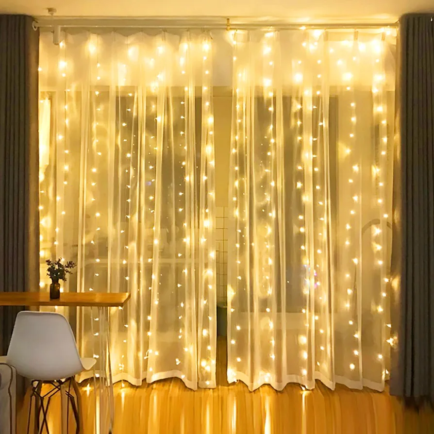 Dazzle Bright Curtain String Lights, 300 LED 9.8ft x9.8ft Warm White Fairy Lights with 8 Lighting Modes, Waterproof Lights for Bedroom Christmas Party Wedding Home Garden Wall Decor