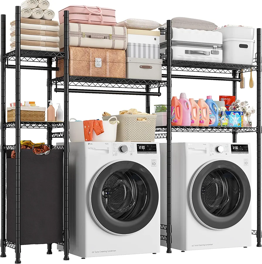 Raybee Over the Washer and Dryer Storage, Laundry Room Organization, Laundry Room Organization and Storage,78.7”W Laundry Room Shelves with Laundry Hamper and Hooks For All Size Washer and Dryer