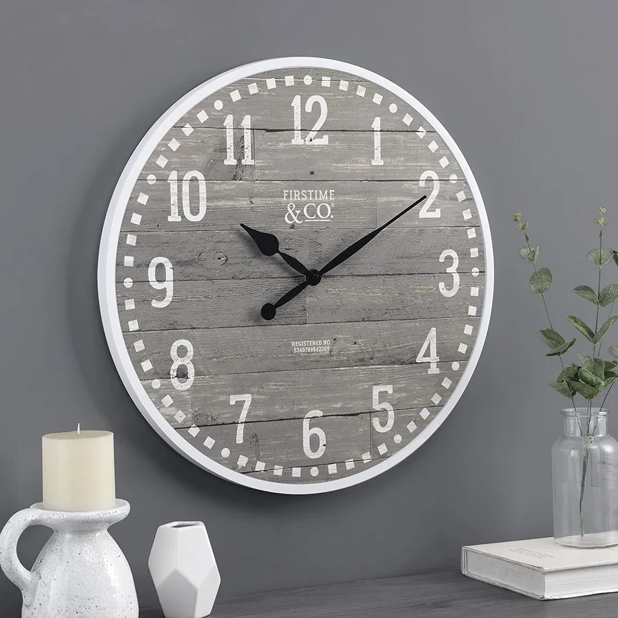 FirsTime & Co. Gray Arlo Wall Clock, Large Vintage Decor for Living Room, Home Office, Round, Plastic, Farmhouse, 20 inches