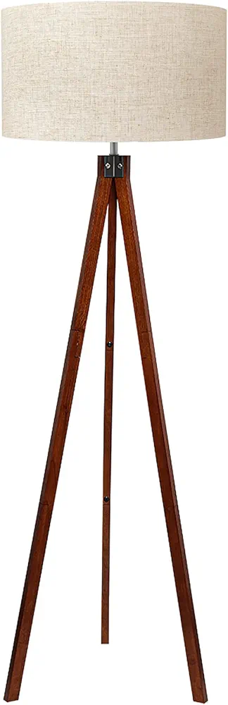 LEPOWER Wood Tripod Floor Lamp, Mid Century Standing Lamp, Modern Design Studying Light for Living Room, Bedroom, Study Room and Office, Flaxen Lamp Shade with E26 Lamp Base Brown