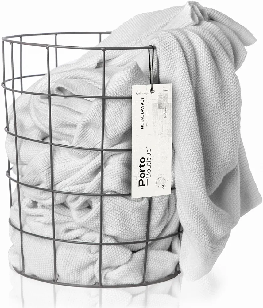 11''H x 12''W Round Metal Laundry Basket - Wire Hamper for Blankets, Towels, and More - Indoor and Outdoor Storage Bin - Living Room Organization - Rustic Farmhouse Decor - Grey Utility Bin - Medium