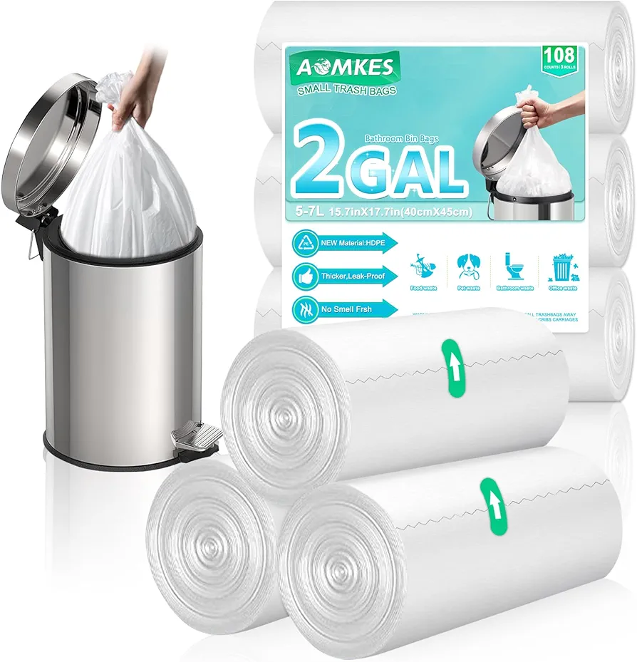 2 Gallon Small Trash Bags - 108 Counts Bathroom Garbage Bags,Unscented Wastebasket Liners,Strong Kitchen Bin Bags,5-7Liters White Trash Bags For Office,Bedroom,Living Room,40x45CM