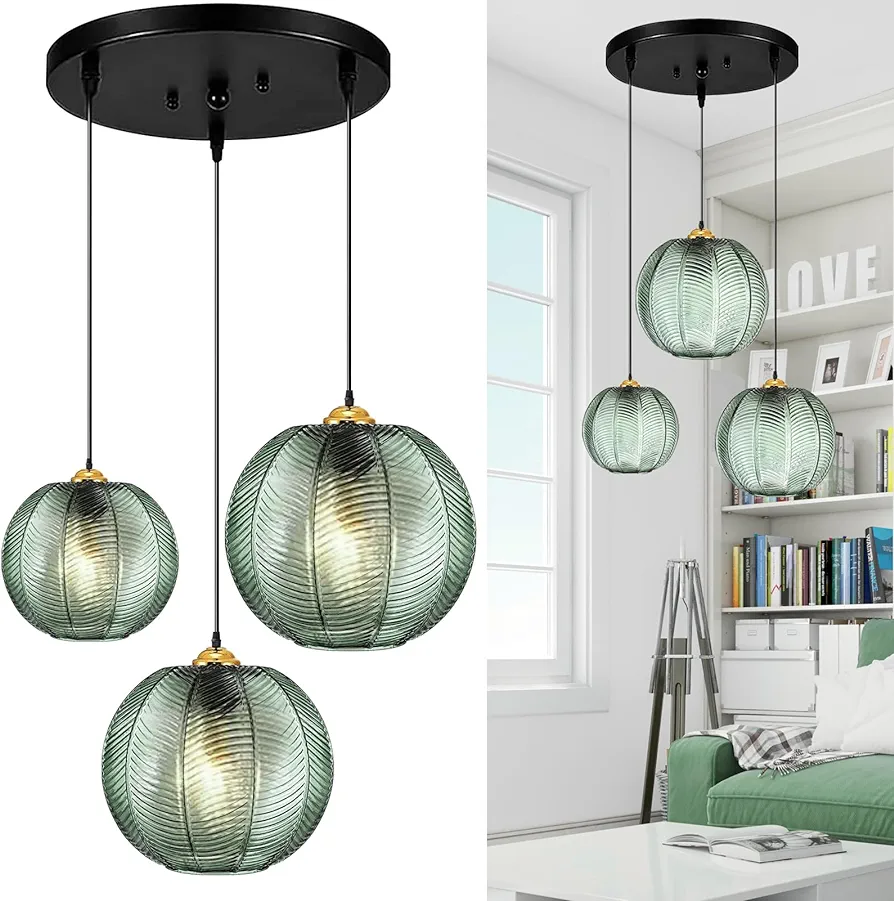 3 in 1 Large Glass Pendant Light Fixtures, Green E26 E27 Glass Chandelier Mid Century Modern Chandelier Ribbed Blown Glass Globe Shade Hanging Light Ceiling Light for Living Room Restaurant Bar