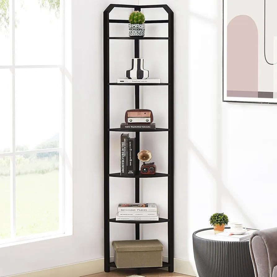 Corner Shelf, 6-Tier Industrial Corner Bookshelf, Freestanding Corner Shelf Stand with Metal Frame, Tall Corner Plant Stand for Small Space, Home Office, Living Room, Bedroom, Black