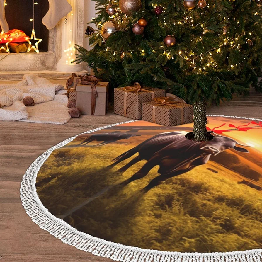 Christmas Tree Skirt with Tassel Cow and Sun Orange Sky 30" Xmas Tree Skirts Tassel Tree Mat Ornament for Home Indoor Outdoor Room Holiday Decoration